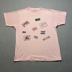Vintage 80s Pink All Over Patch Graphic T-Shirt Small Made In USA Venice